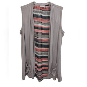 1261)LOGO by Lori Goldstein Pink Mix Striped  Pockets Open Knit Vest Plus Sz 1X